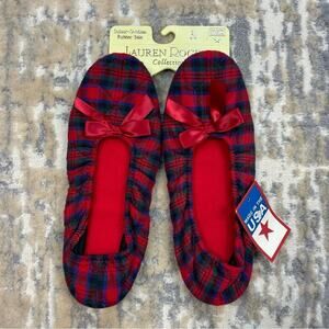 NOS Vintage Lauren Rogers Red Plaid flannel House Shoes Slipper Large